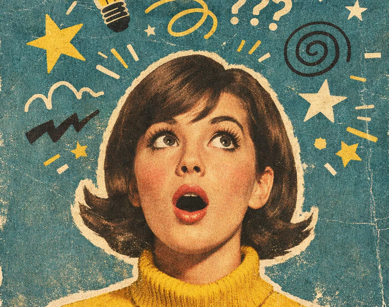 A 1950s-style illustration of a woman with "idea" symbols (stars, bulbs) above her head. It has a classic mid-century advertising feel.