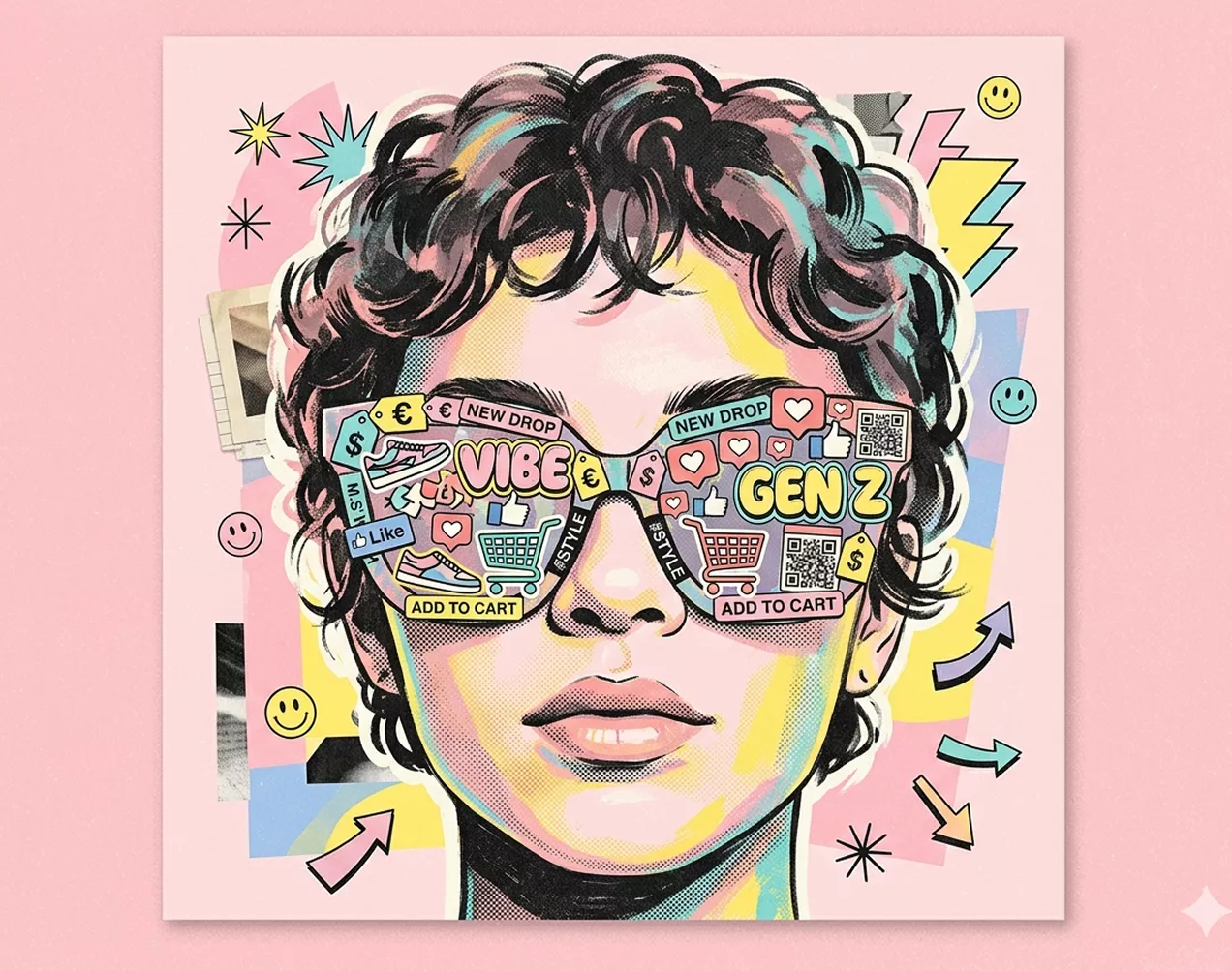 A portrait where the sunglasses are filled with social media icons, "Add to Cart" buttons, and the text "Gen Z." It’s a literal look at digital consumerism.