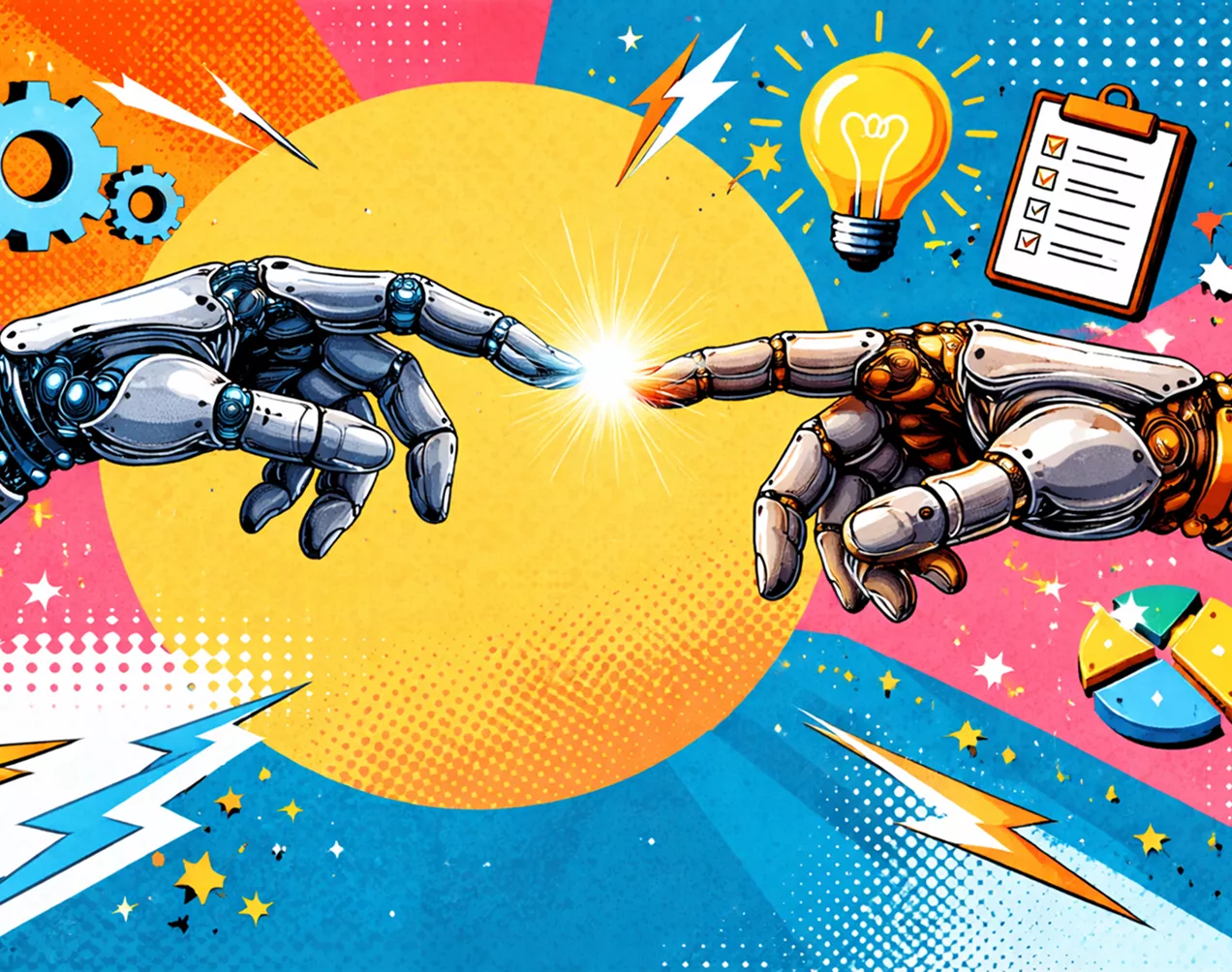 A colorful, comic-style "Creation of Adam" remix featuring two robotic hands touching. It symbolizes the synergy between humanity and AI.