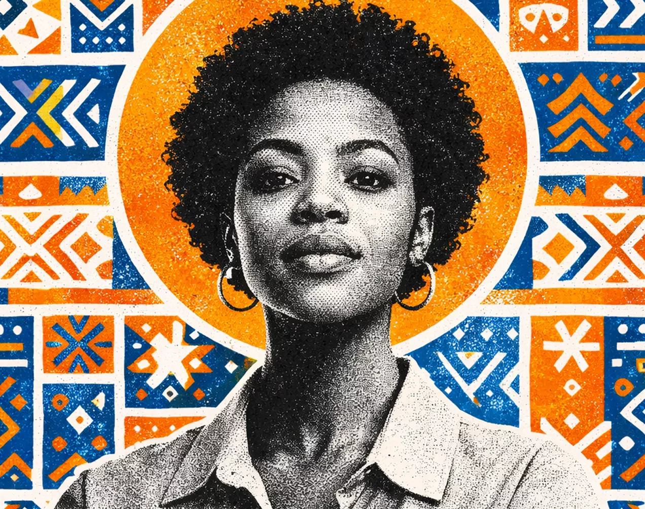 A powerful stippled portrait of a woman set against a background of traditional patterns and a halo-like sun. It blends modern portraiture with heritage.