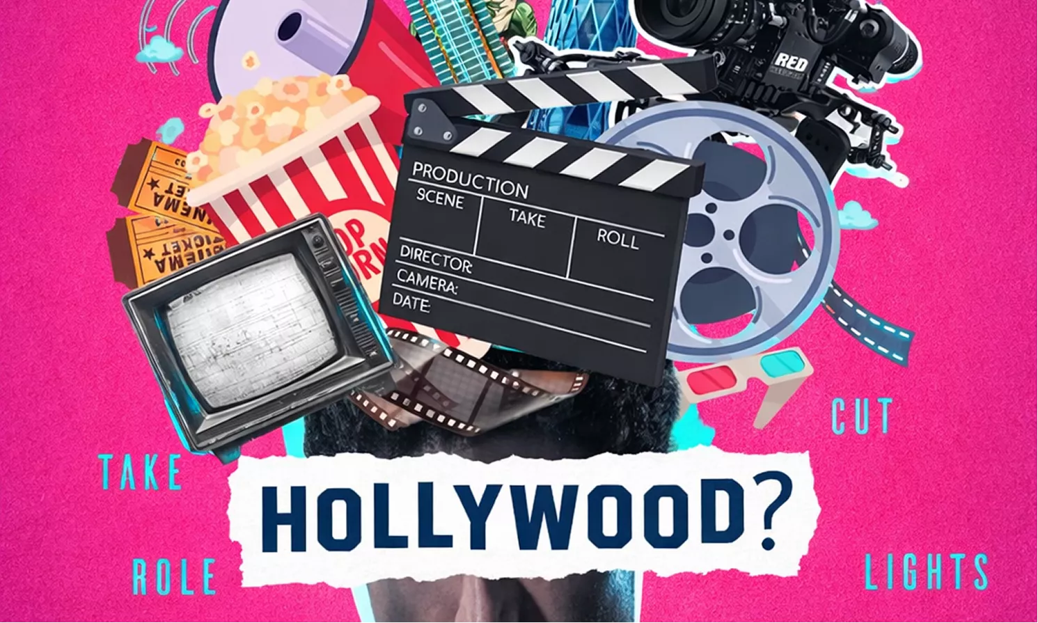 A pink-heavy collage of film reels, popcorn, and cameras. It represents the glamour and frenzy of the film industry.