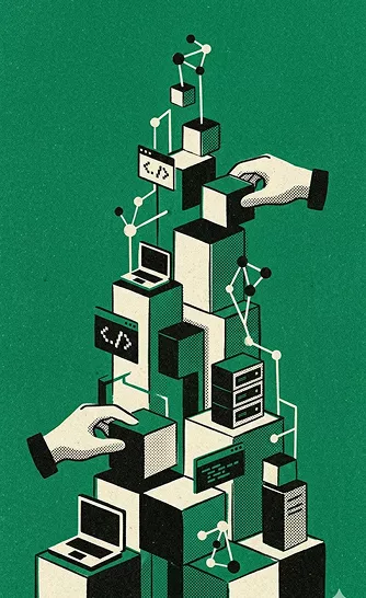A retro-styled isometric illustration of stacked tech blocks featuring laptops, servers, and code terminals, with hands arranging them on a green background.