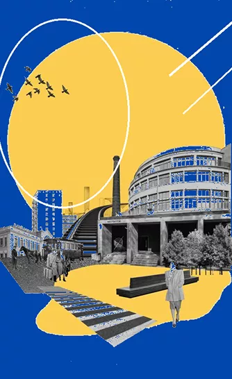 A high-contrast blue and yellow piece featuring industrial architecture and vintage figures. It echoes the Russian Constructivism movement.