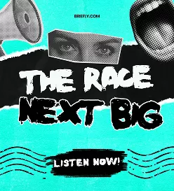 The Race Next Big show promotional banner on Briefly.com with bold grunge typography, megaphone, and a Listen Now call-to-action