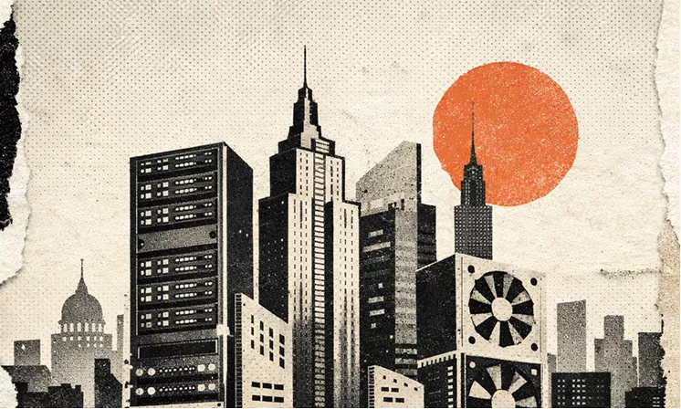 Vintage-style retro cityscape illustration with dark skyscrapers, a bold orange sun, and a torn paper edge effect.